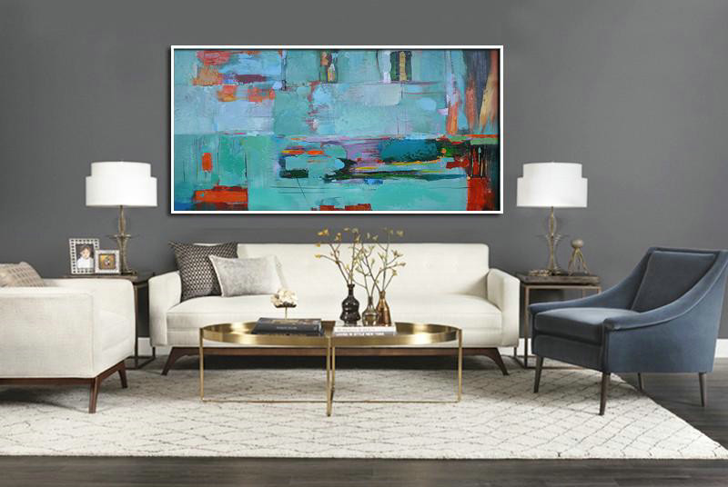 Original Extra Large Wall Art,Horizontal Palette Knife Contemporary Art,Original Art Acrylic Painting,Lake Blue,Red,Purple.etc